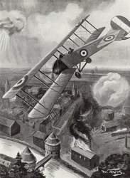 Leutnant L. A. Strange bombardiert den Eisenbahnknotenpunkt in Courtrai, Belgien, Erster Weltkrieg